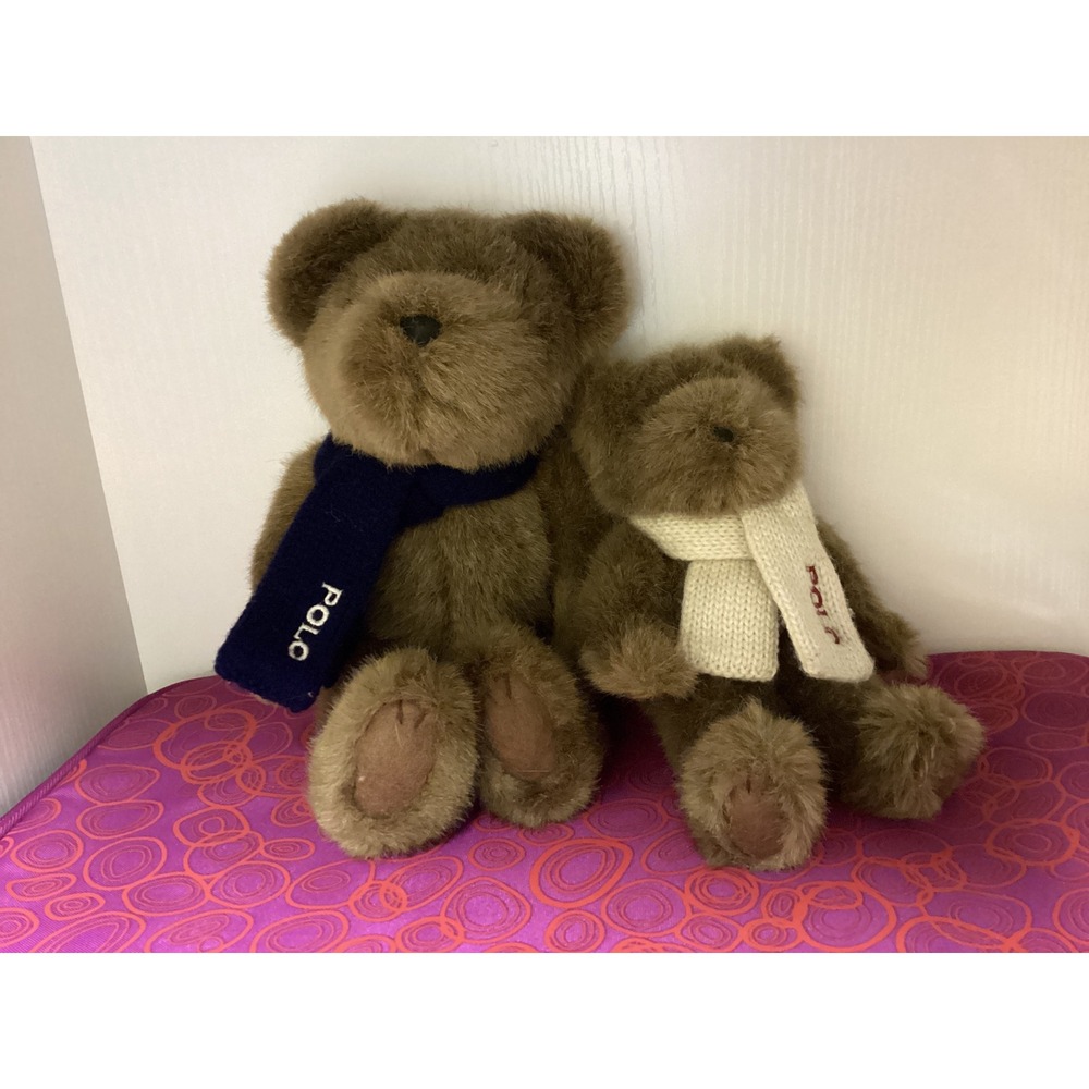 Vintage 2001 Ralph Lauren Polo Teddy Bear Set Brown Plush Navy Cream Scarves